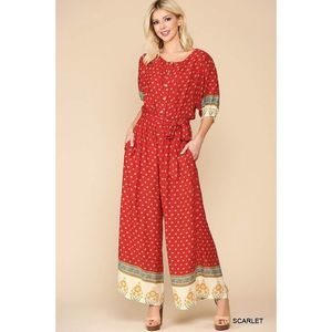 Red Mixed Print Button Jumpsuit